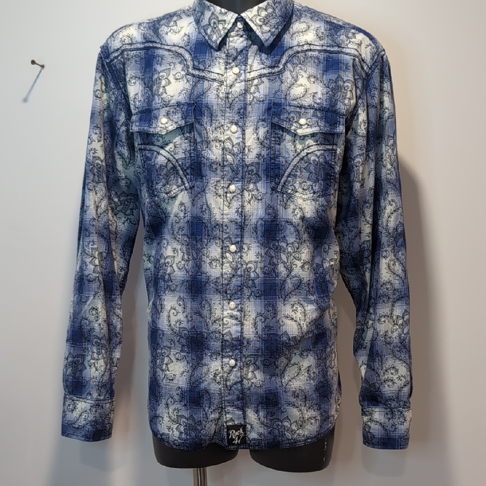 Rock 47 By Wrangler Blue Plaid And Floral Western Shirt Size XXL Cotton Button